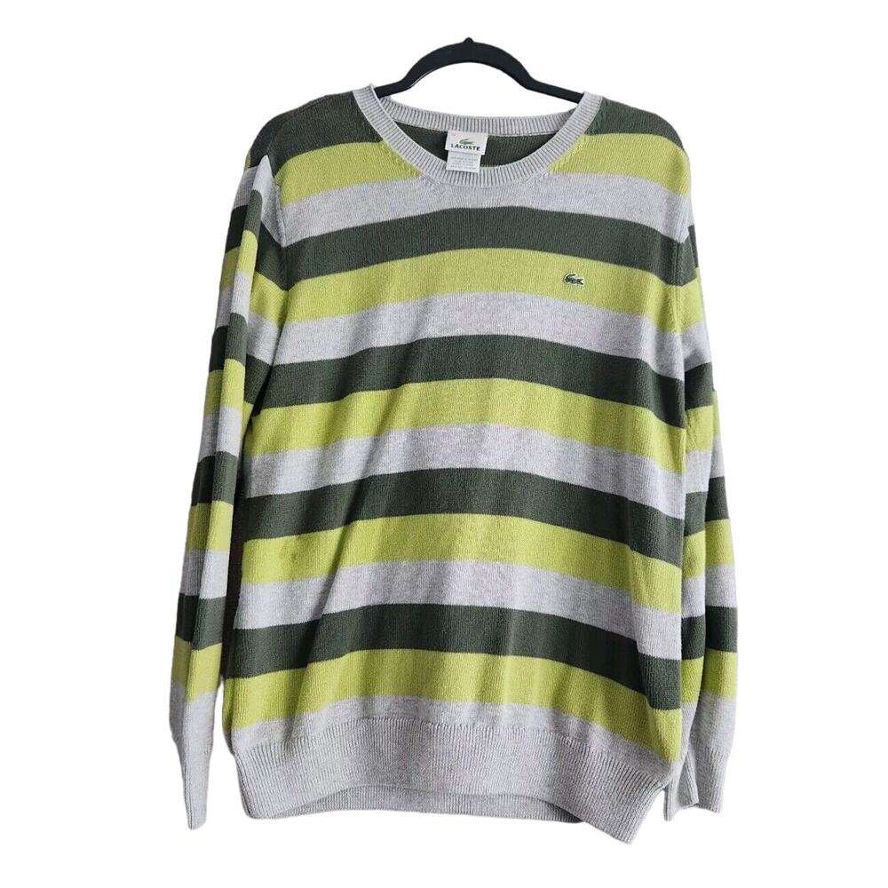 Lacoste Men's Crew Neck Gray & Green Striped 100% Cotton Sweater 46
